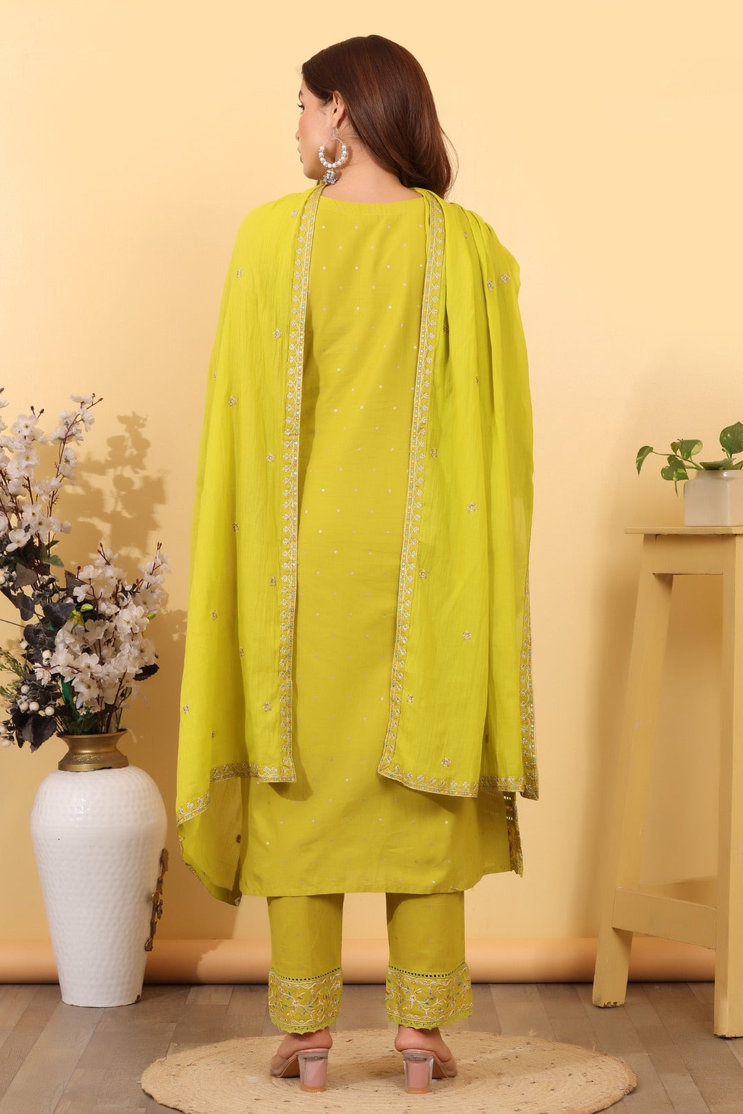 Lime Green Embroidered Cotton Salwar Kameez Set
