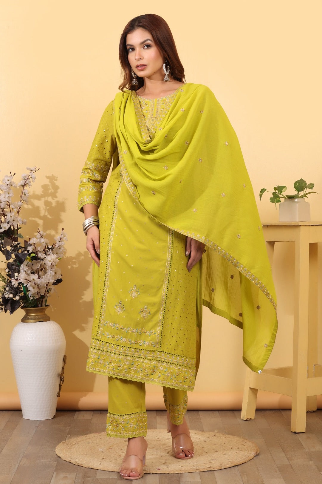 Lime Green Embroidered Cotton Salwar Kameez Set