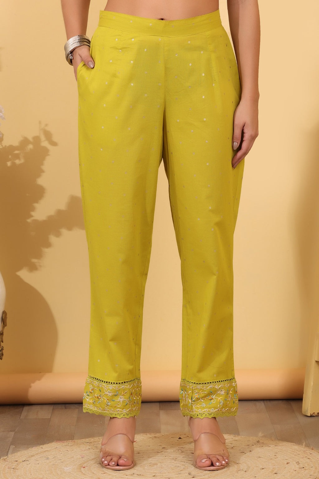 Lime Green Embroidered Cotton Salwar Kameez Set