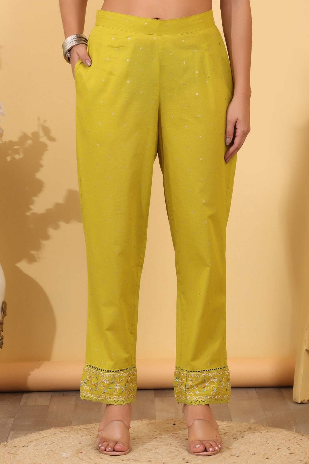 Lime Green Embroidered Cotton Salwar Kameez Set