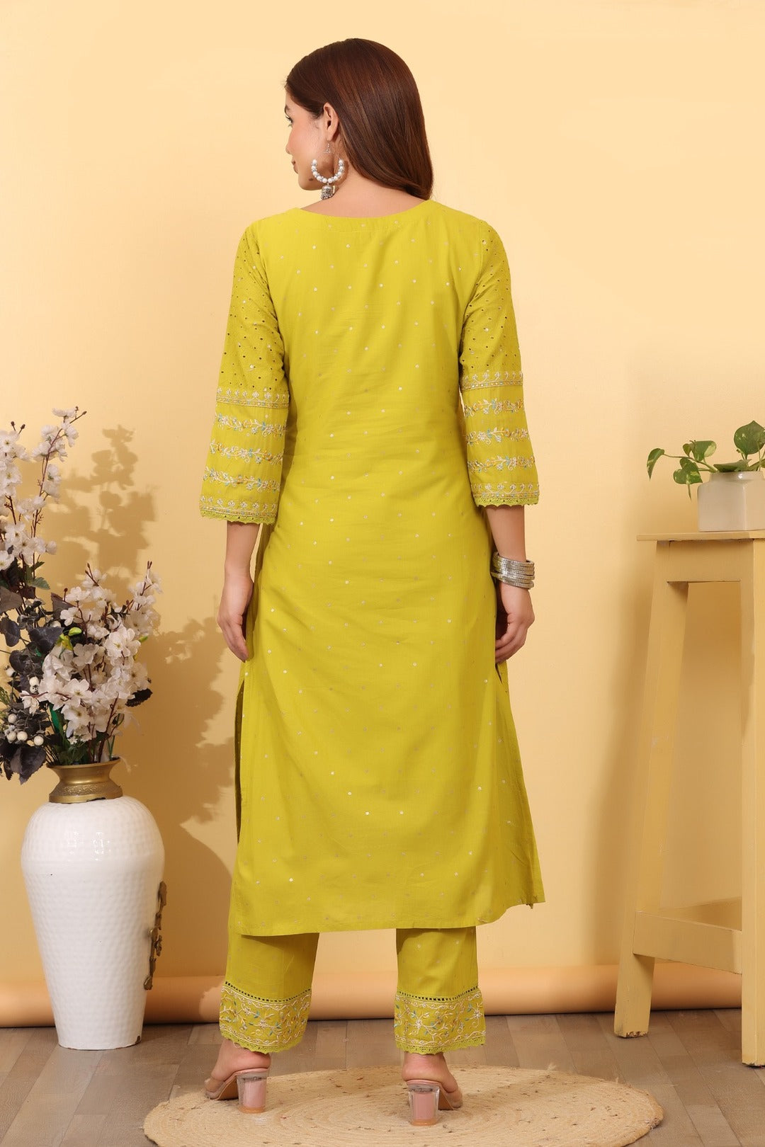 Lime Green Embroidered Cotton Salwar Kameez Set