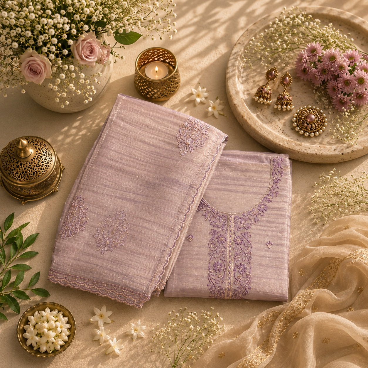 Purple Embroidered Tissue Silk Unstitched Dress Material