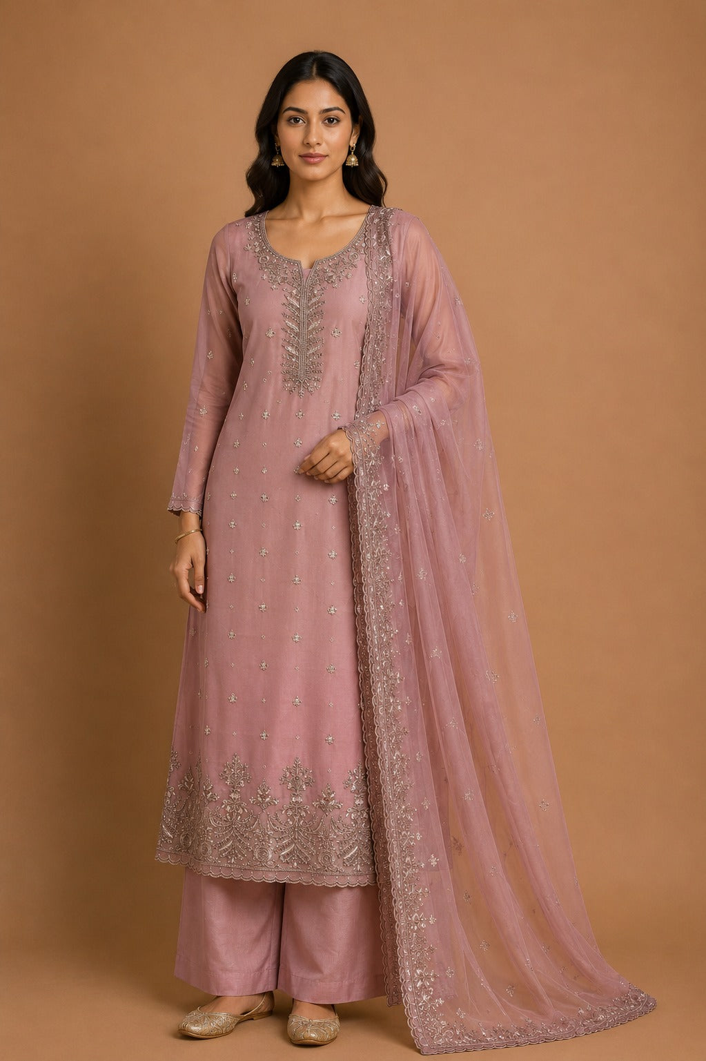 Mauve Pink Chanderi Silk Embroidered Unstitched Suit Set