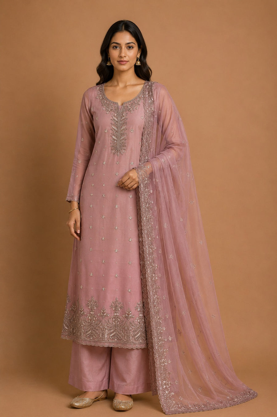 Mauve Pink Chanderi Silk Embroidered Unstitched Suit Set