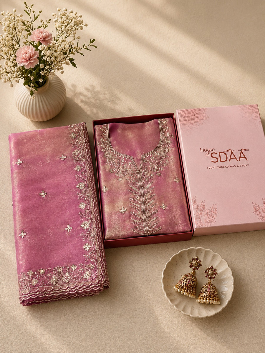 Mauve Pink Chanderi Silk Embroidered Unstitched Suit Set