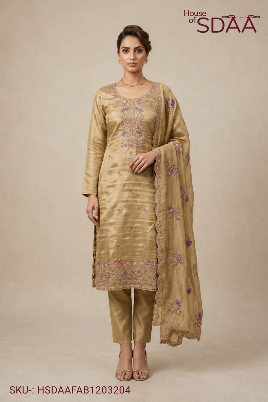 Golden Jay Silk Unstitched Dress Material with Floral Embroidery