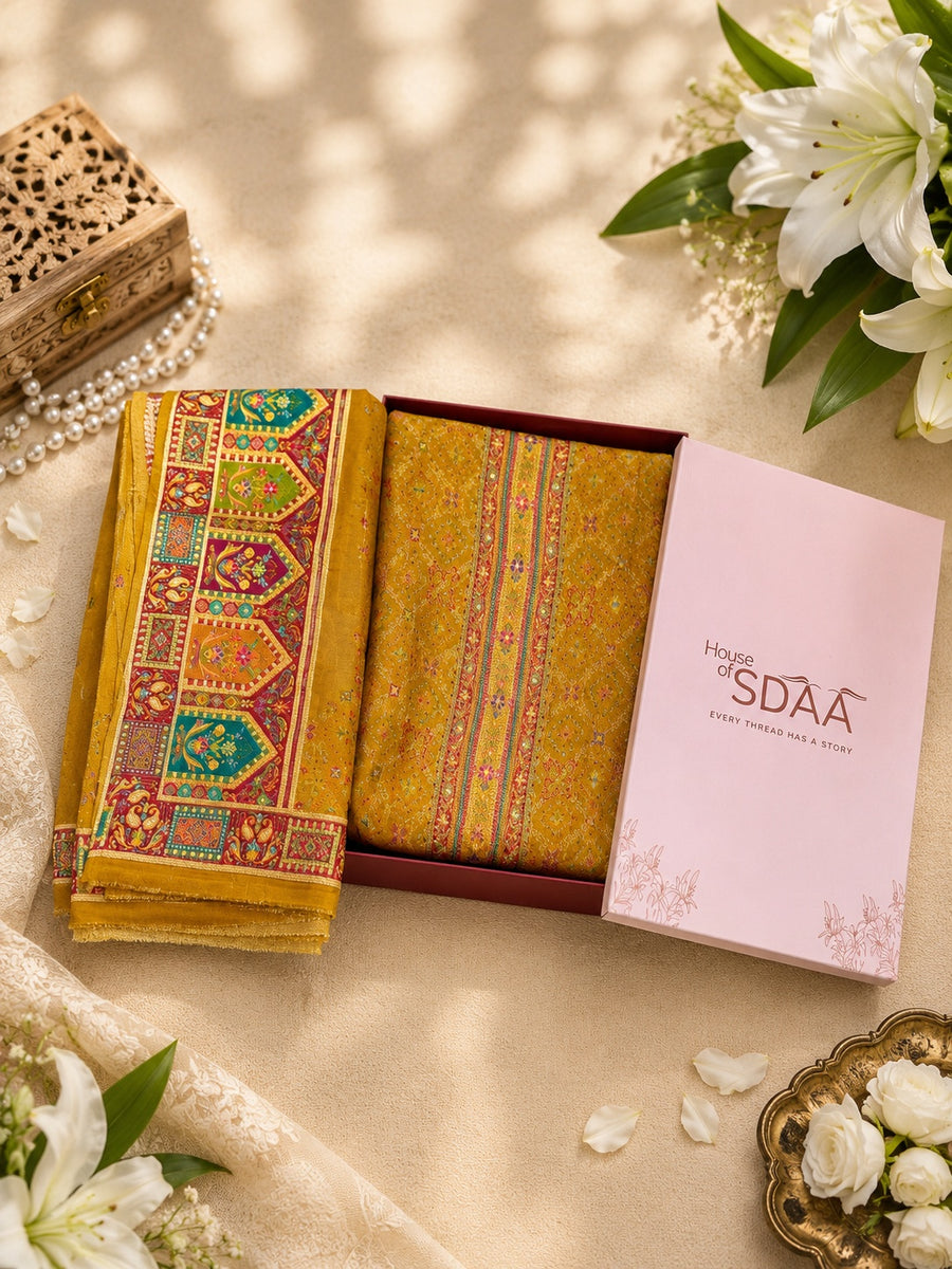 Mustard Jacquard Silk Unstitched Suit Set