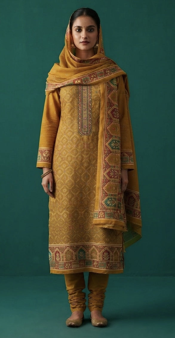 Mustard Jacquard Silk Unstitched Suit Set