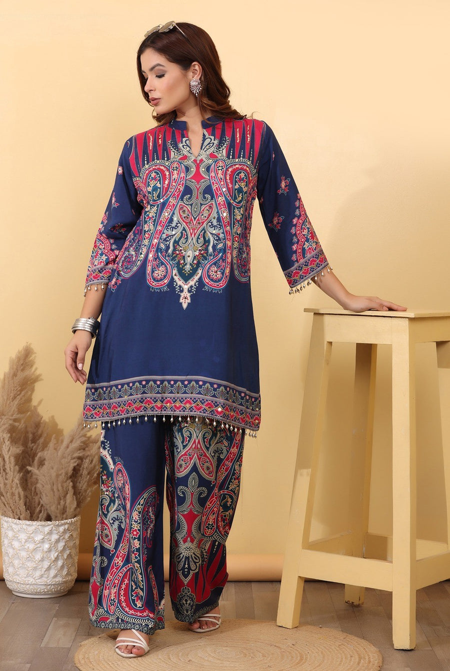 Navy Blue Paisley Printed Co-Ord Set for Women HSDAACSKN000010