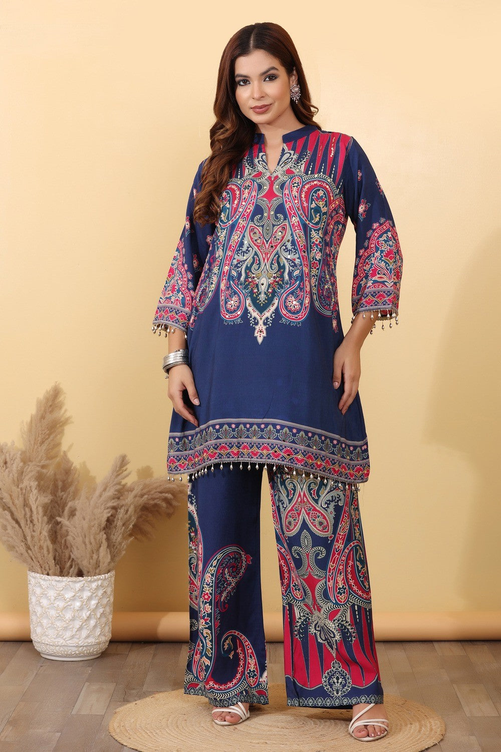 Navy Blue Paisley Printed Co-Ord Set for Women HSDAACSKN000010