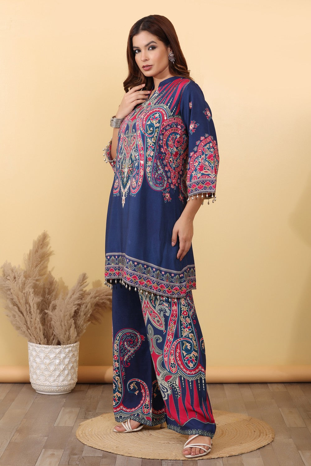 Navy Blue Paisley Printed Co-Ord Set for Women HSDAACSKN000010