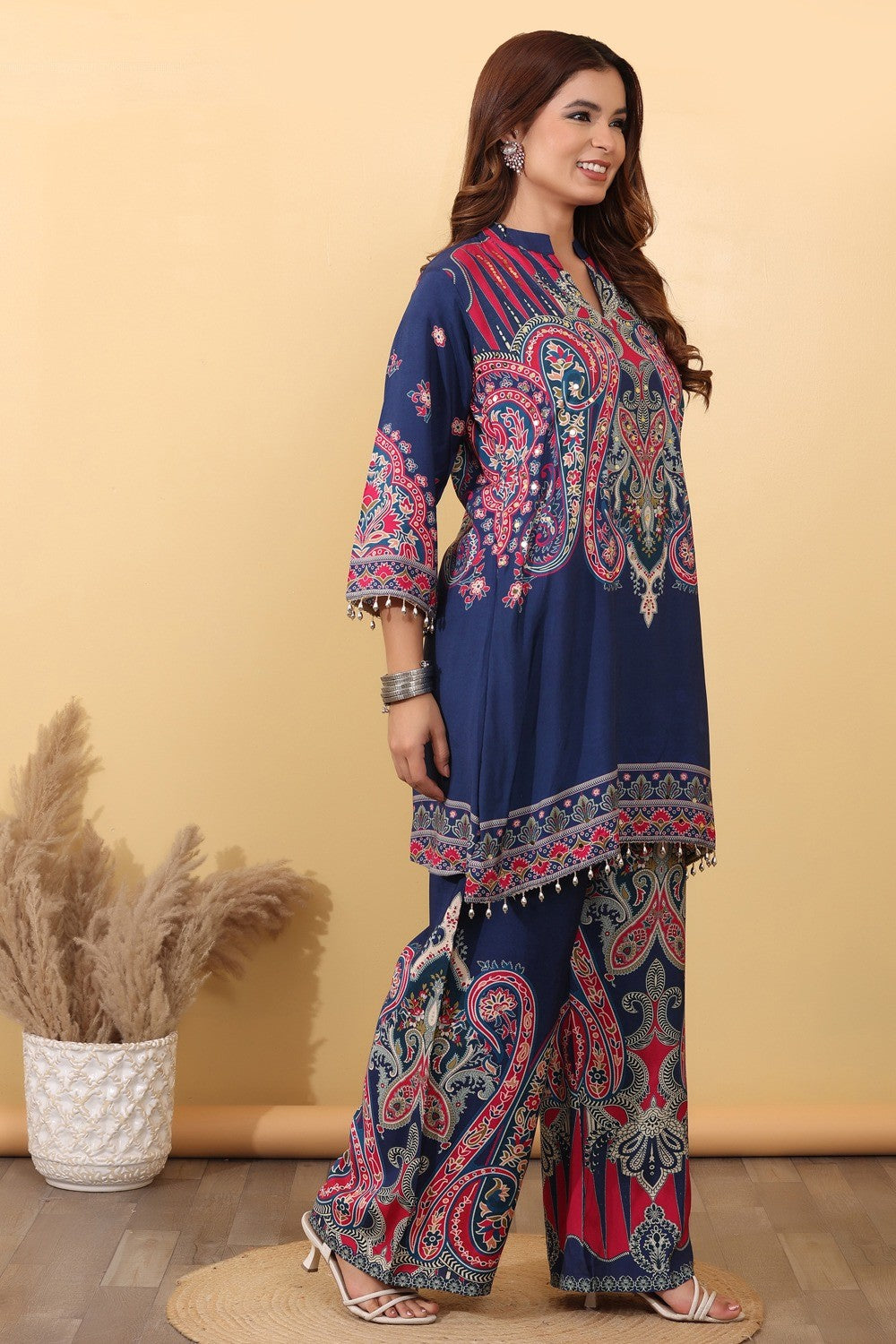 Navy Blue Paisley Printed Co-Ord Set for Women HSDAACSKN000010