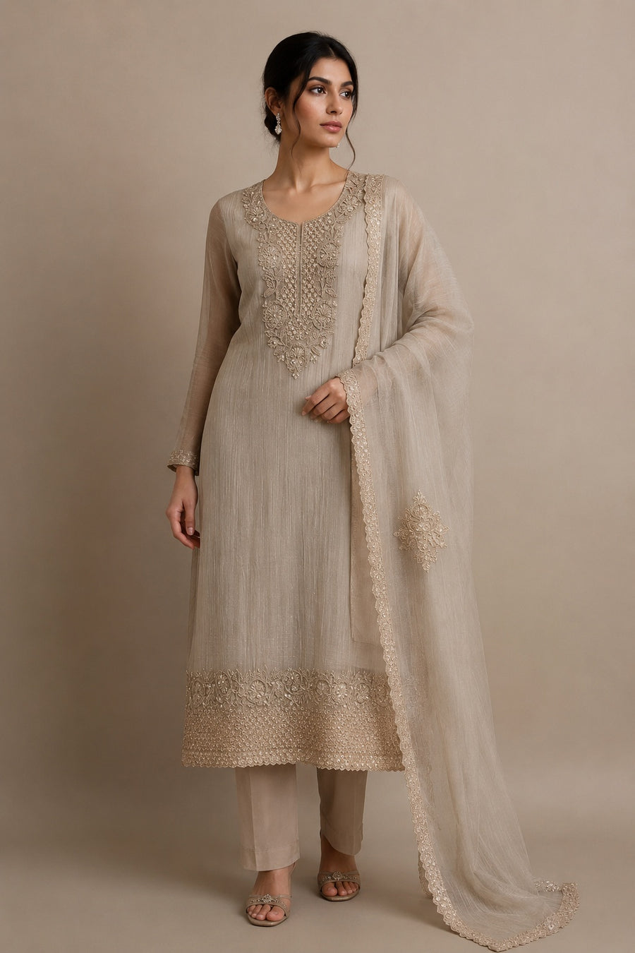 Grey Chanderi Silk Unstitched Suit Set