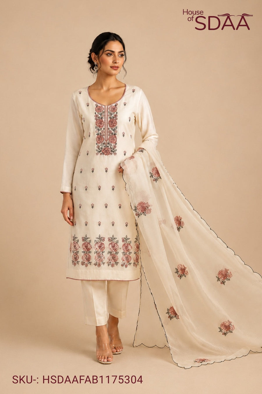 Beige Rust Mal Chanderi Unstitched Dress Material with Floral Embroidery