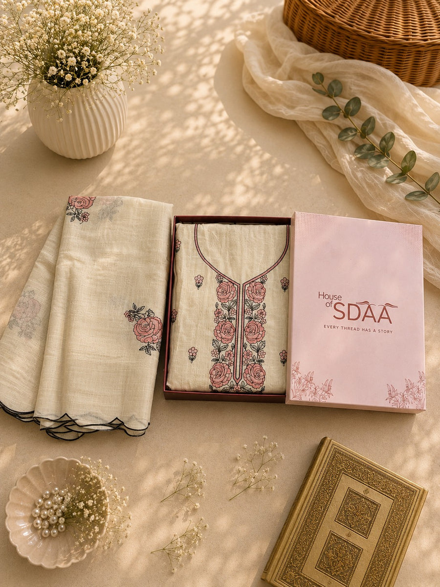 Beige Rust Mal Chanderi Unstitched Dress Material with Floral Embroidery