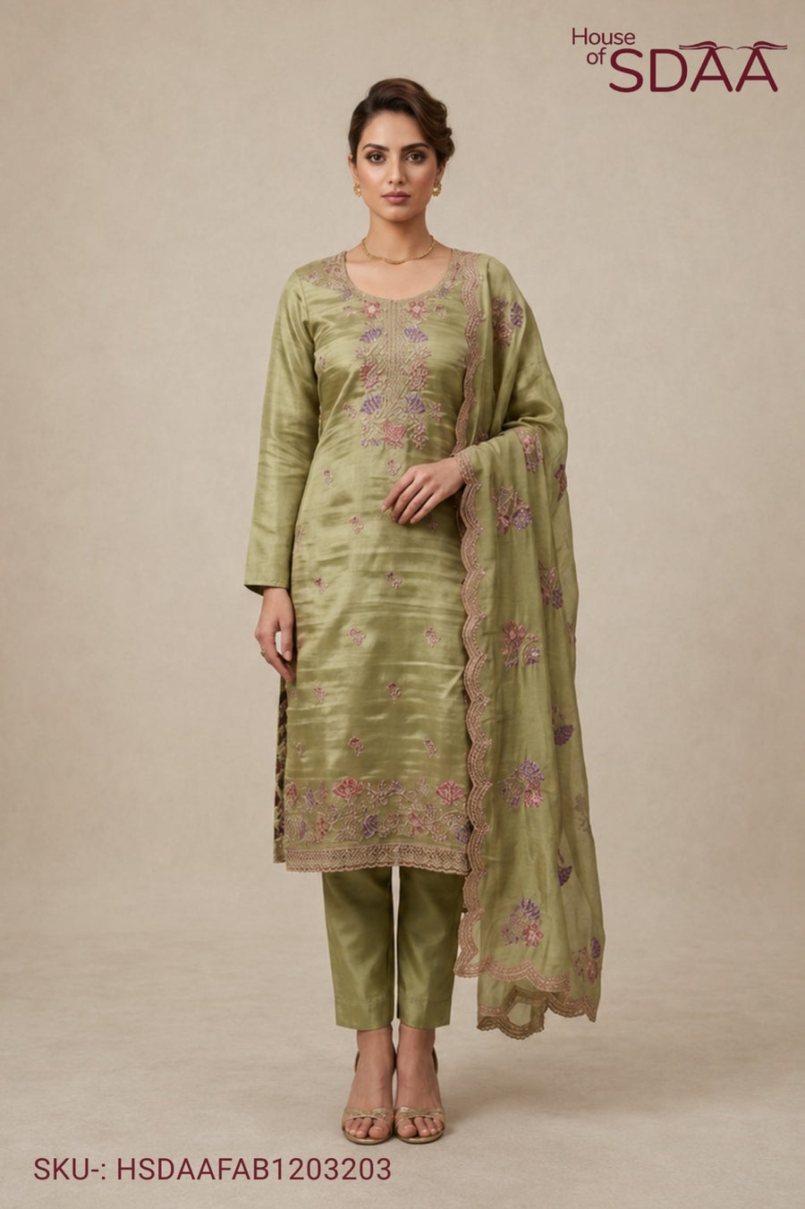 Olive Green Jay Silk Unstitched Dress Material with Floral Embroidery
