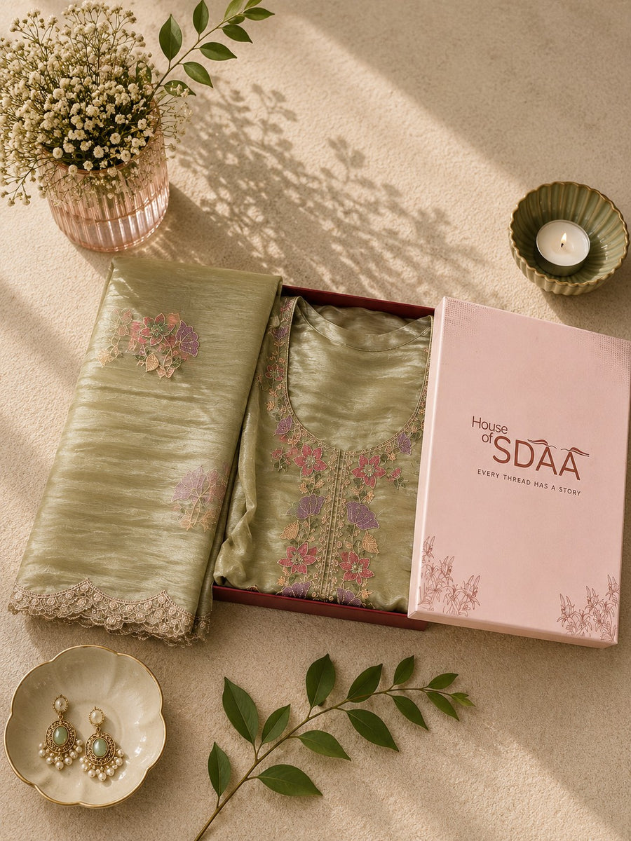 Olive Green Jay Silk Unstitched Dress Material with Floral Embroidery