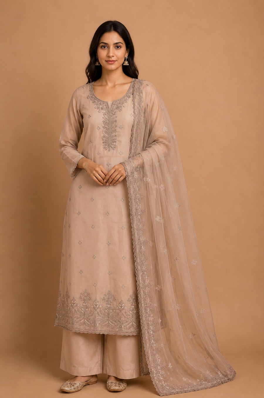 Peach Chanderi Silk Embroidered Unstitched Suit Set