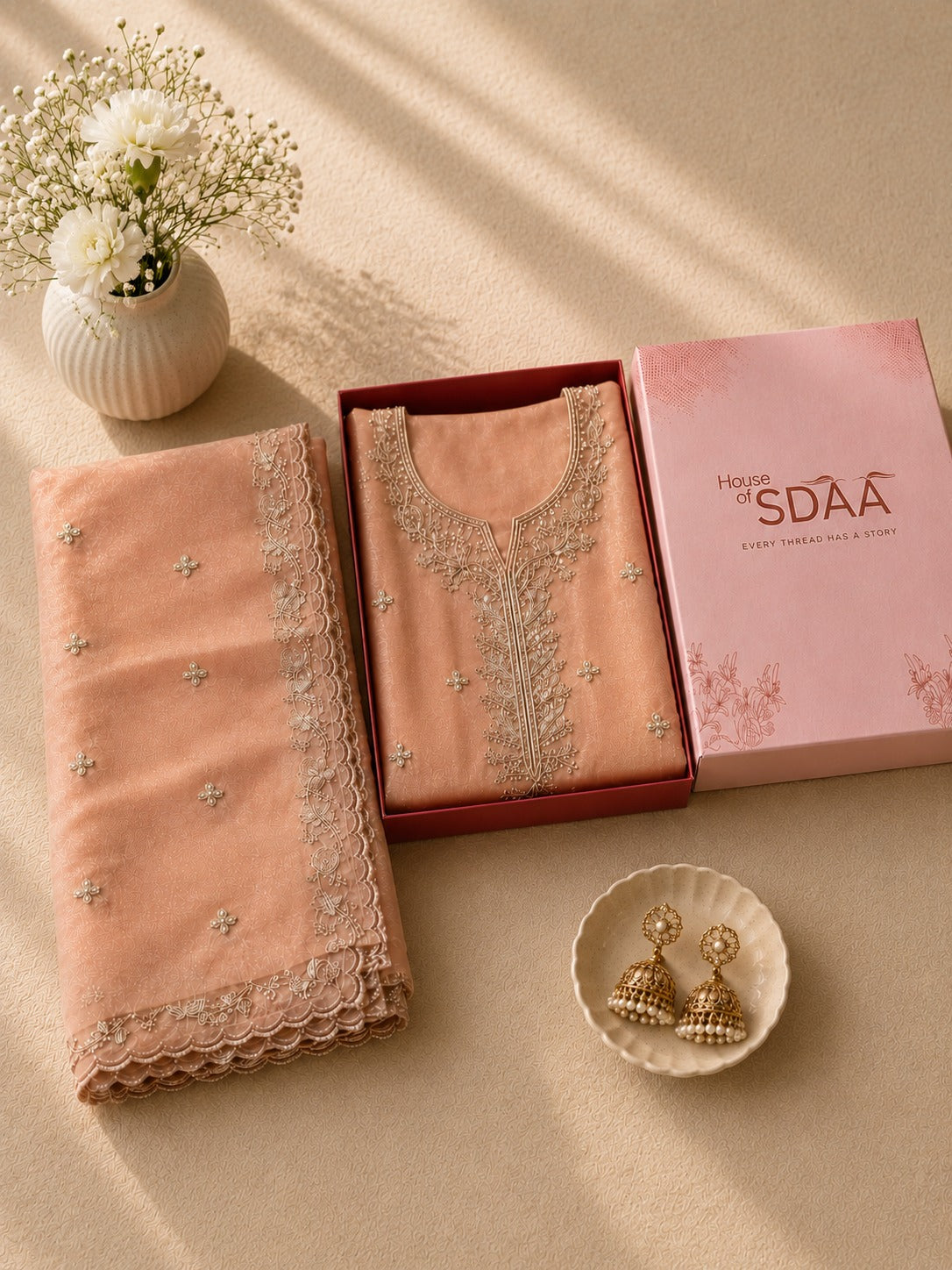 Peach Chanderi Silk Embroidered Unstitched Suit Set