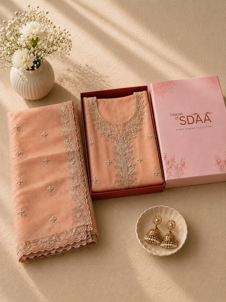 Peach Chanderi Silk Embroidered Unstitched Suit Set