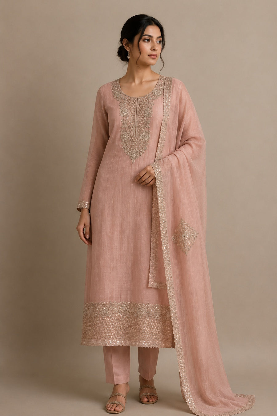 Peach Chanderi Silk Unstitched Suit Set