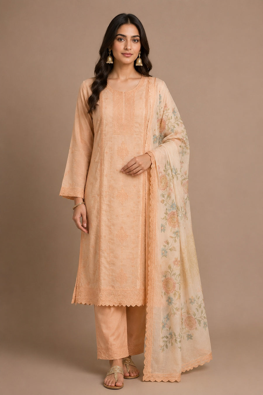 Peach Muslin Unstitched Suit Set