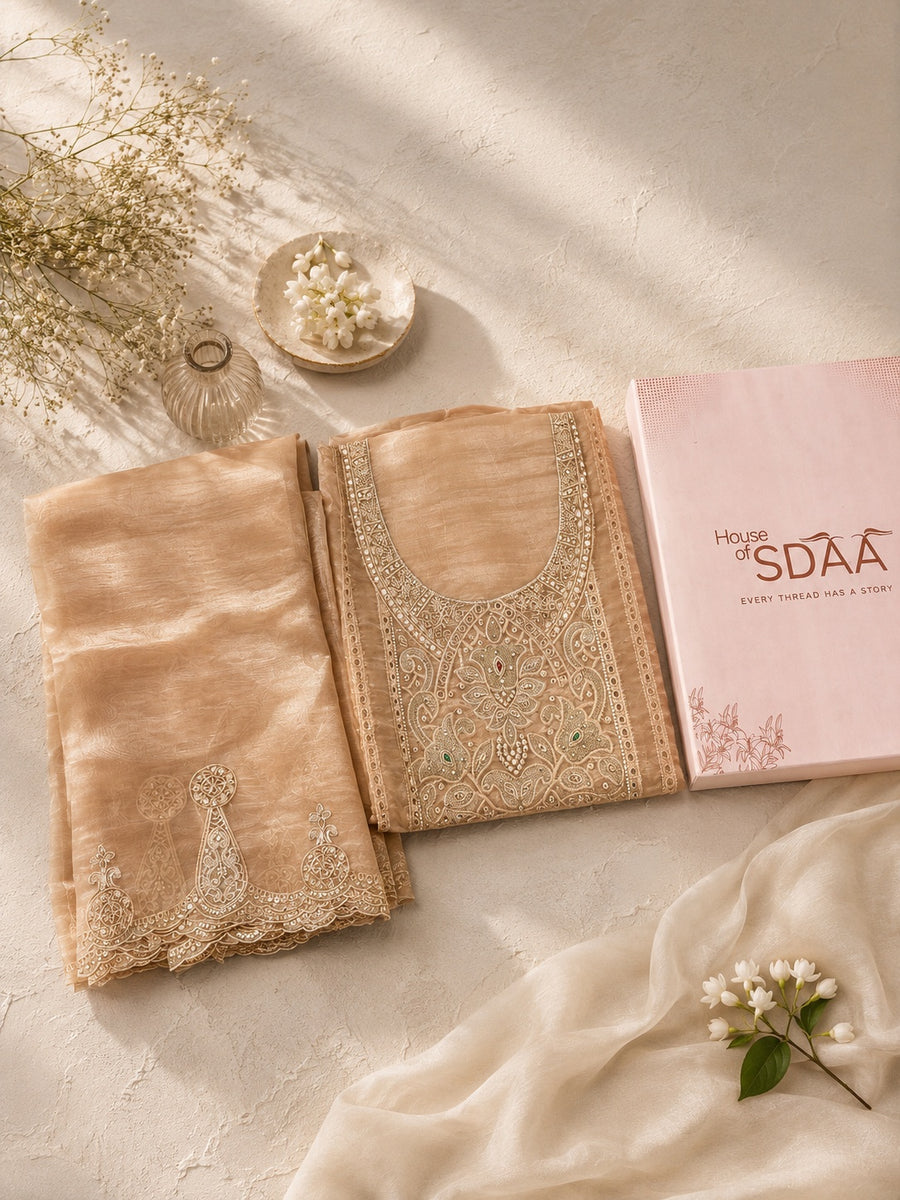 Elegant Peach Jay Silk Unstitched Suit Set