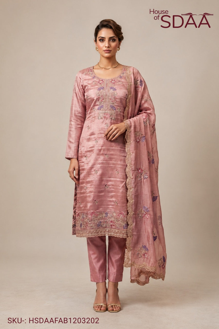 Rust Jay Silk Unstitched Dress Material with Floral Embroidery