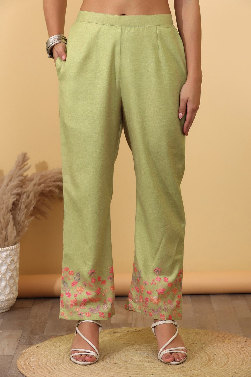 Pistachio Green Floral Embroidered Co-Ord Set for Women HSDAACSTG000006