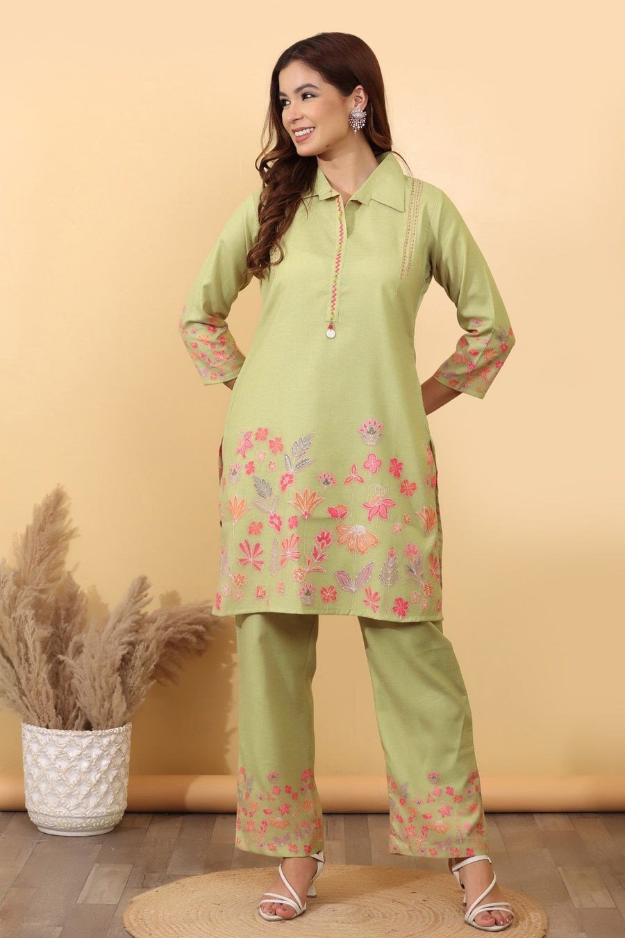 Pistachio Green Floral Embroidered Co-Ord Set for Women HSDAACSTG000006