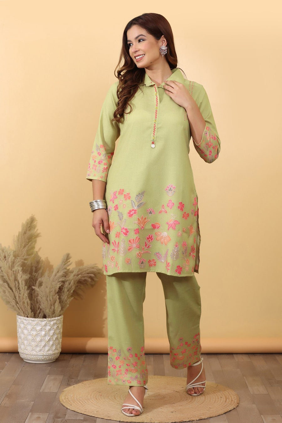 Pistachio Green Floral Embroidered Co-Ord Set for Women HSDAACSTG000006