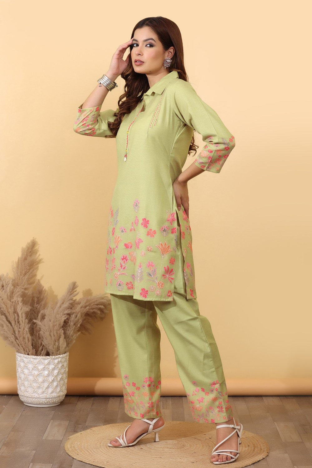 Pistachio Green Floral Embroidered Co-Ord Set for Women HSDAACSTG000006
