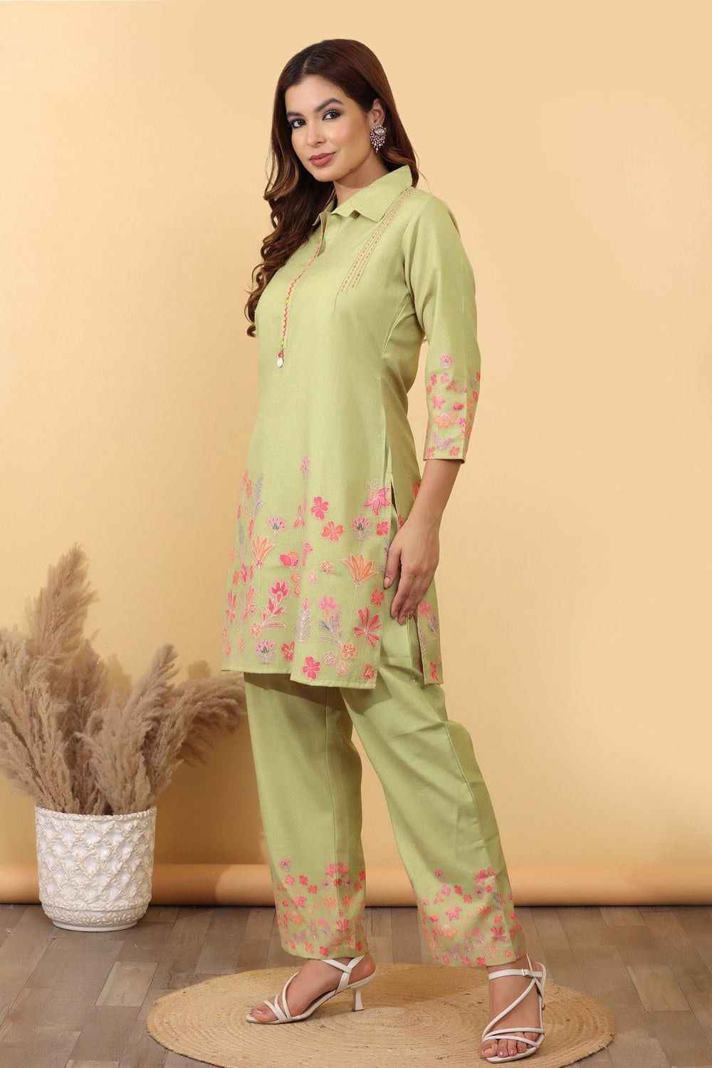 Pistachio Green Floral Embroidered Co-Ord Set for Women HSDAACSTG000006
