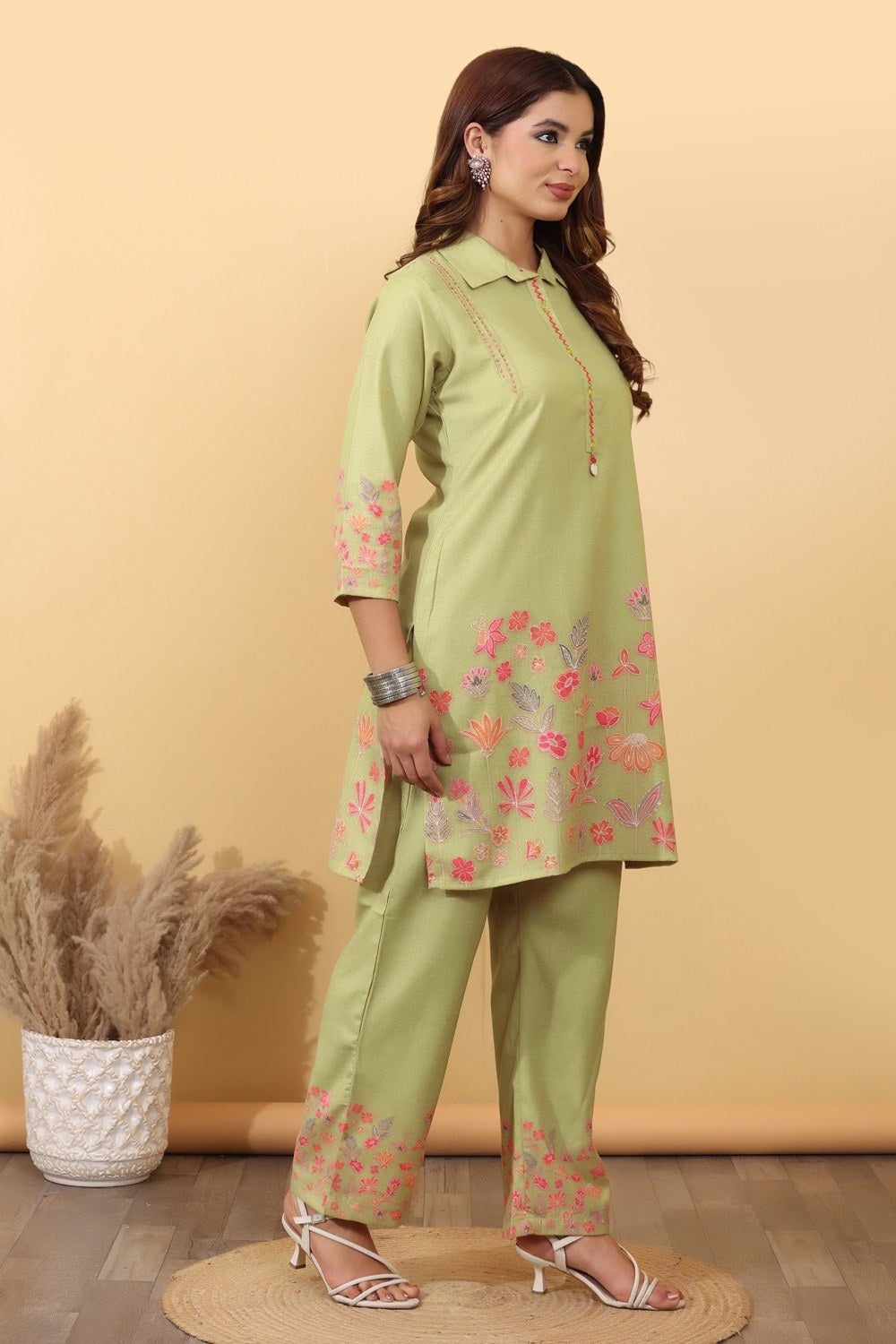Pistachio Green Floral Embroidered Co-Ord Set for Women HSDAACSTG000006