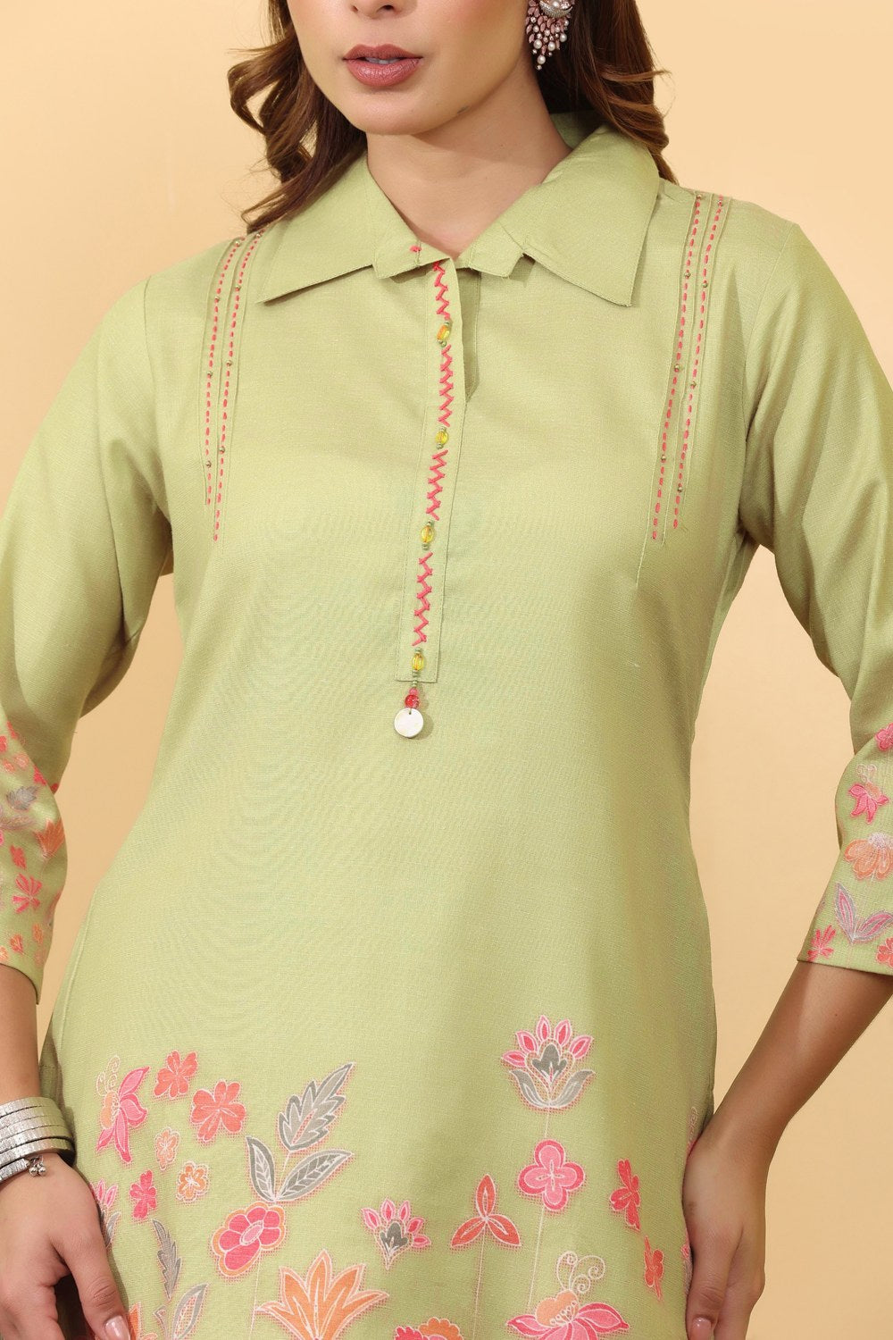 Pistachio Green Floral Embroidered Co-Ord Set for Women HSDAACSTG000006