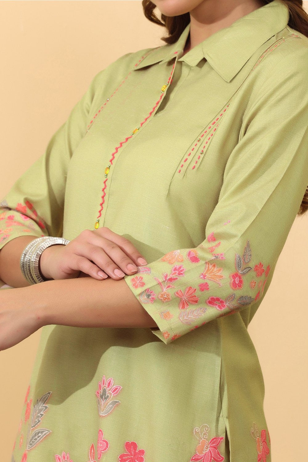Pistachio Green Floral Embroidered Co-Ord Set for Women HSDAACSTG000006