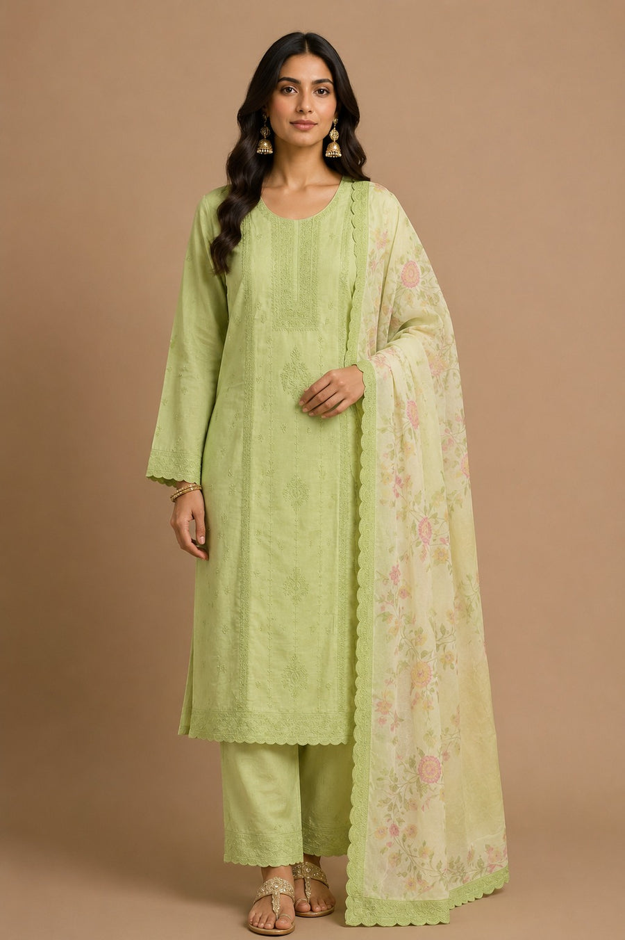 Green Muslin Unstitched Suit Set