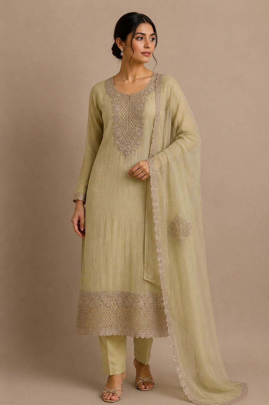 Gold Chanderi Silk Unstitched Suit Set