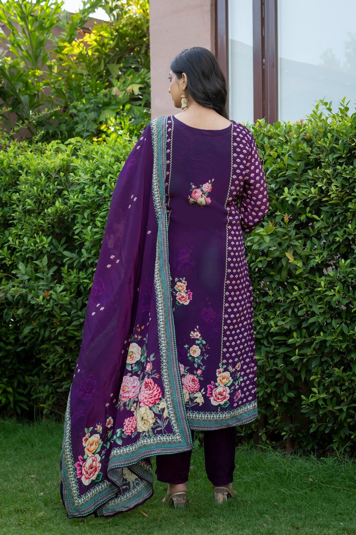 Purple Floral Silk Blend Salwar Kurta Dupatta Set for Women