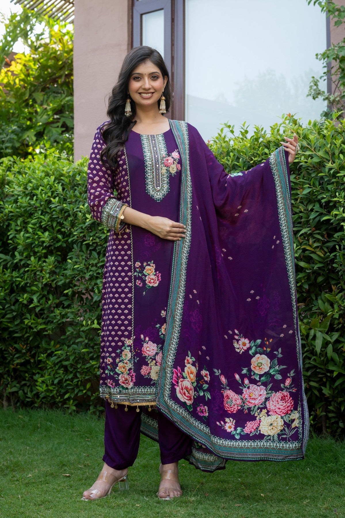 Purple Floral Silk Blend Salwar Kurta Dupatta Set for Women