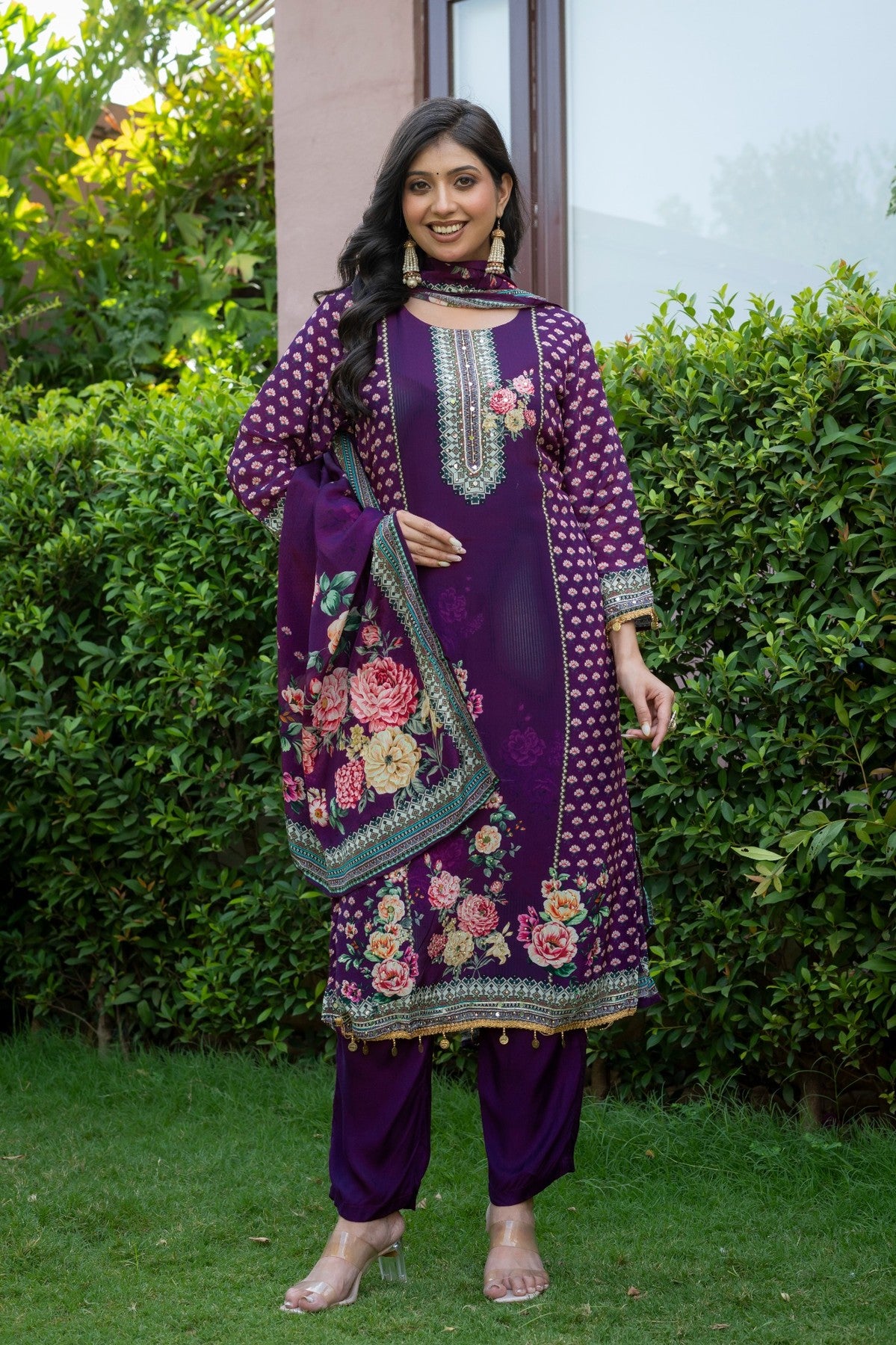 Purple Floral Silk Blend Salwar Kurta Dupatta Set for Women