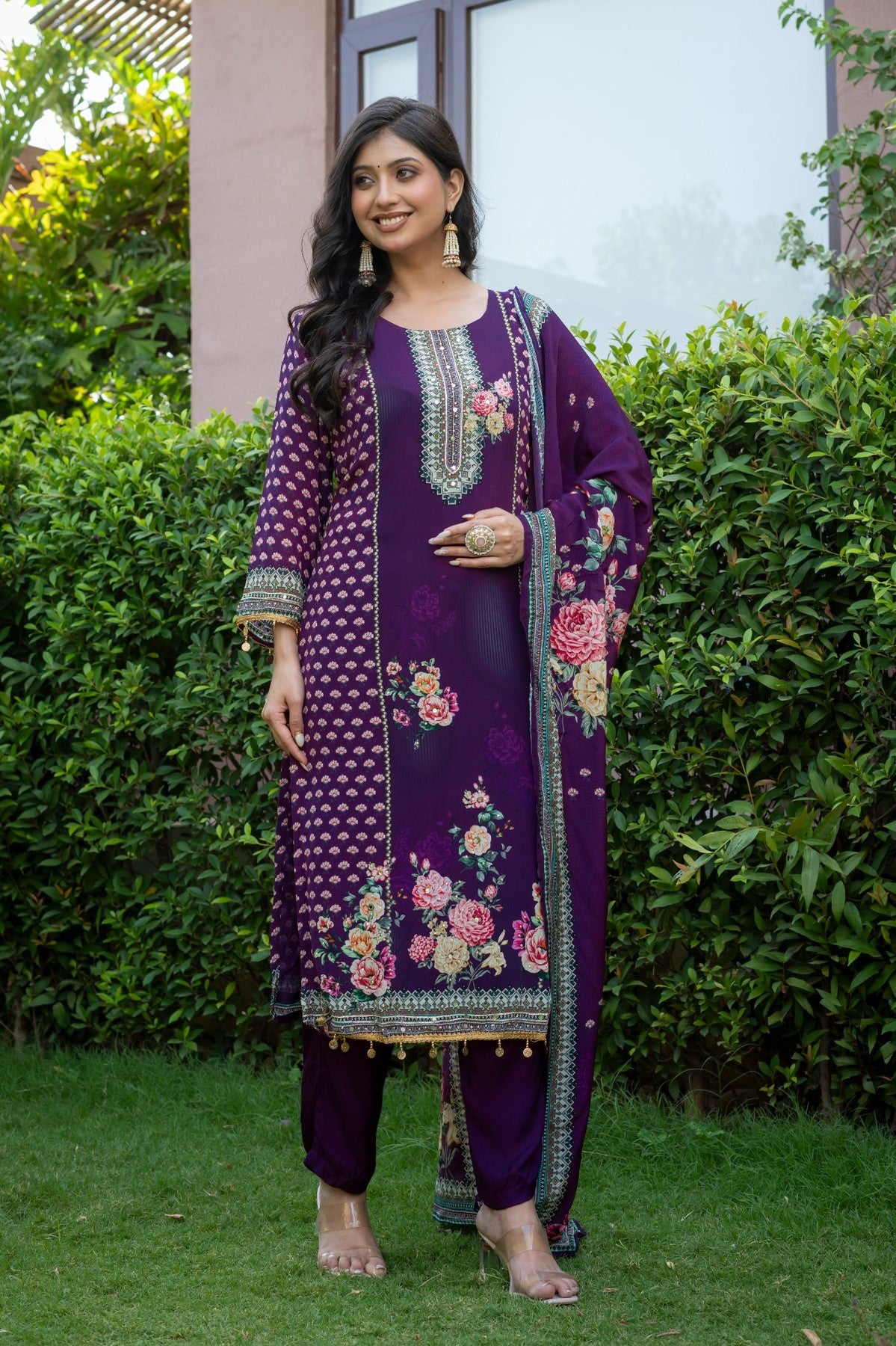 Purple Floral Silk Blend Salwar Kurta Dupatta Set for Women