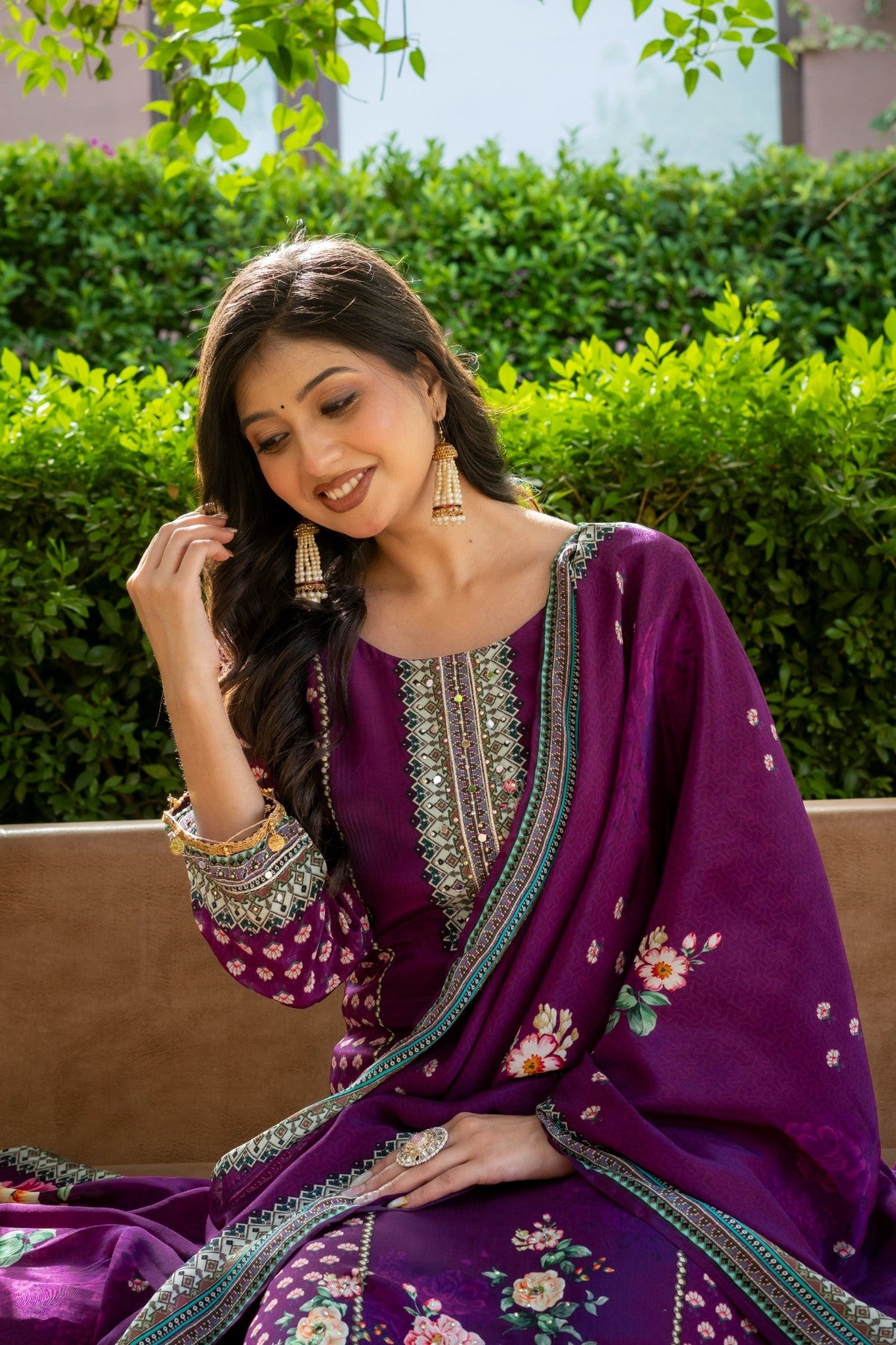 Purple Floral Silk Blend Salwar Kurta Dupatta Set for Women