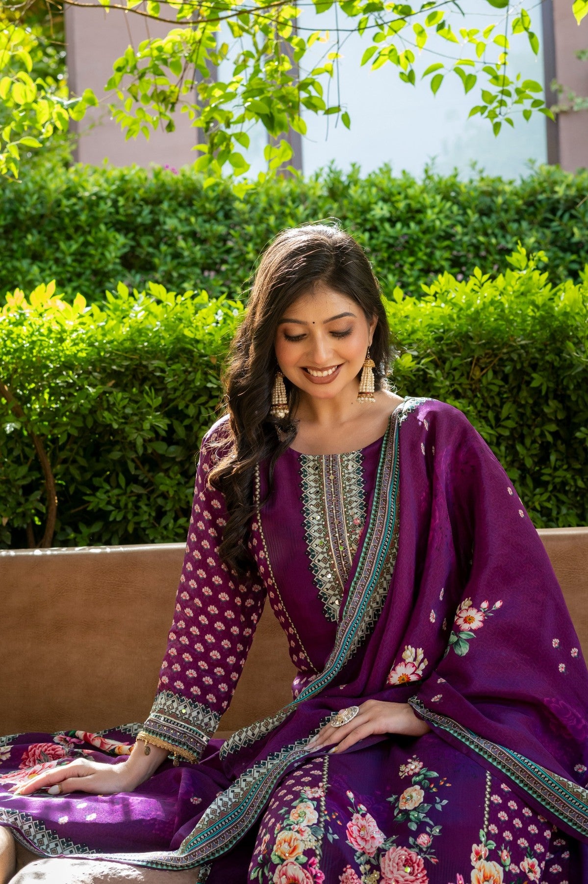 Purple Floral Silk Blend Salwar Kurta Dupatta Set for Women
