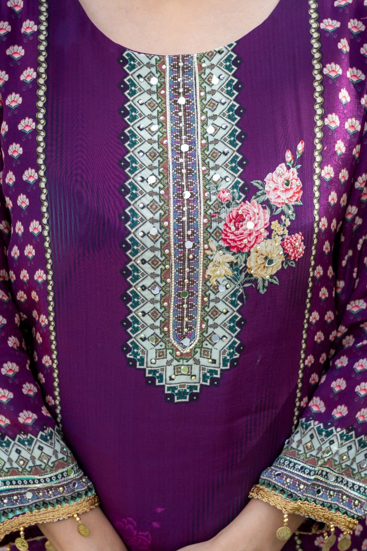 Purple Floral Silk Blend Salwar Kurta Dupatta Set for Women