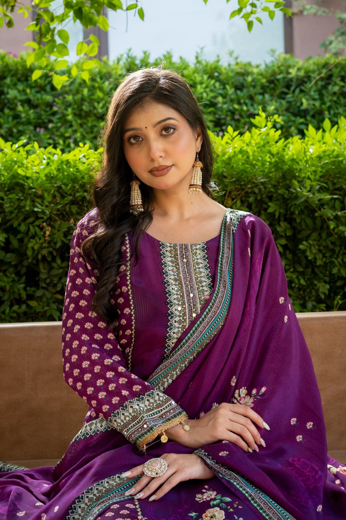 Purple Floral Silk Blend Salwar Kurta Dupatta Set for Women