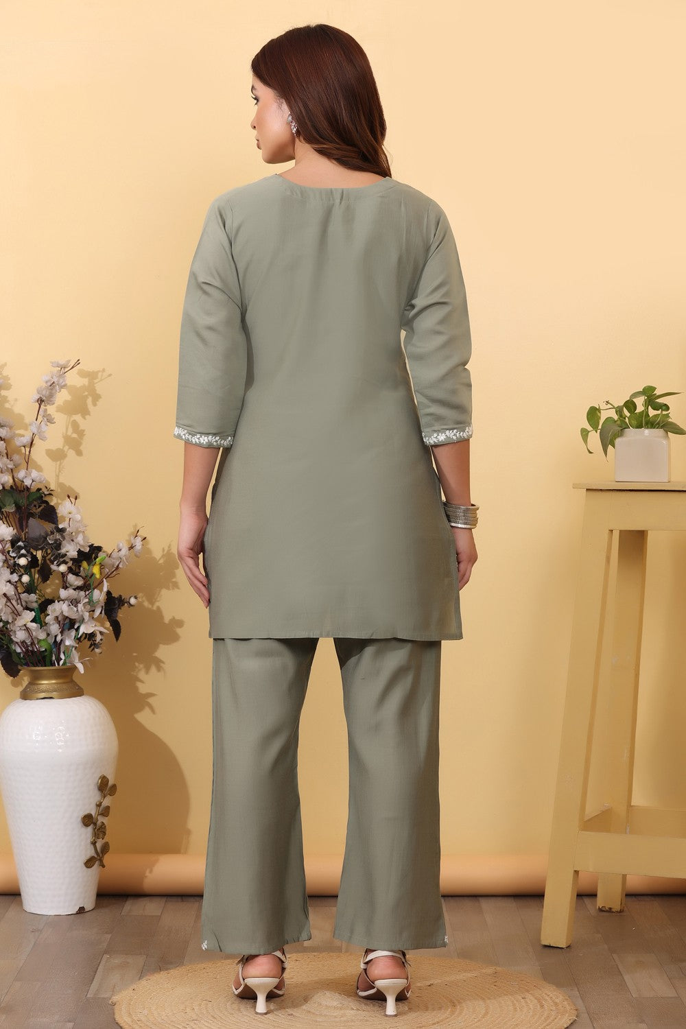 Sage Green Embroidered Co-Ord Set for Women HSDAACSTP000007
