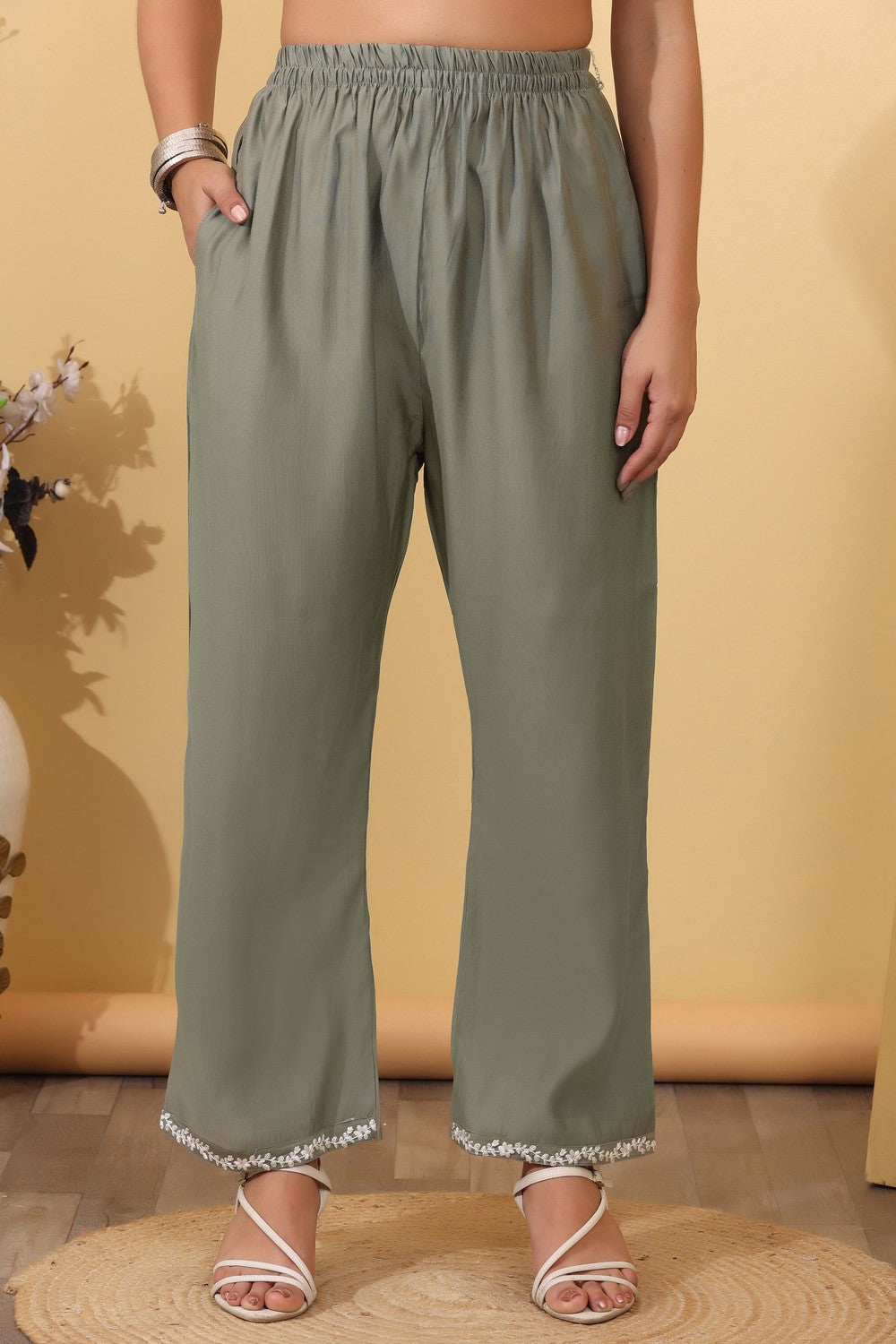 Sage Green Embroidered Co-Ord Set for Women HSDAACSTP000007