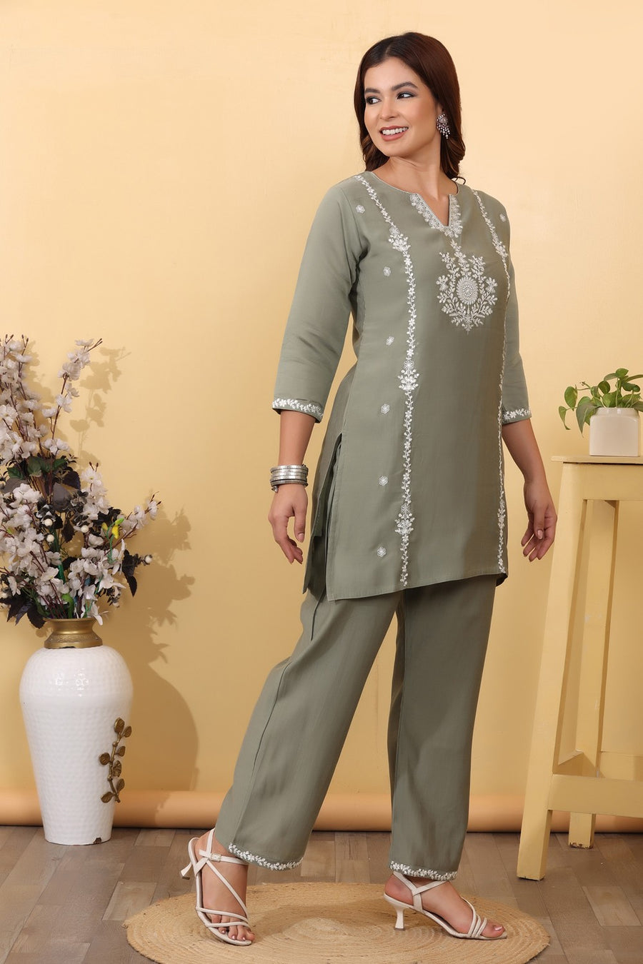 Sage Green Embroidered Co-Ord Set for Women