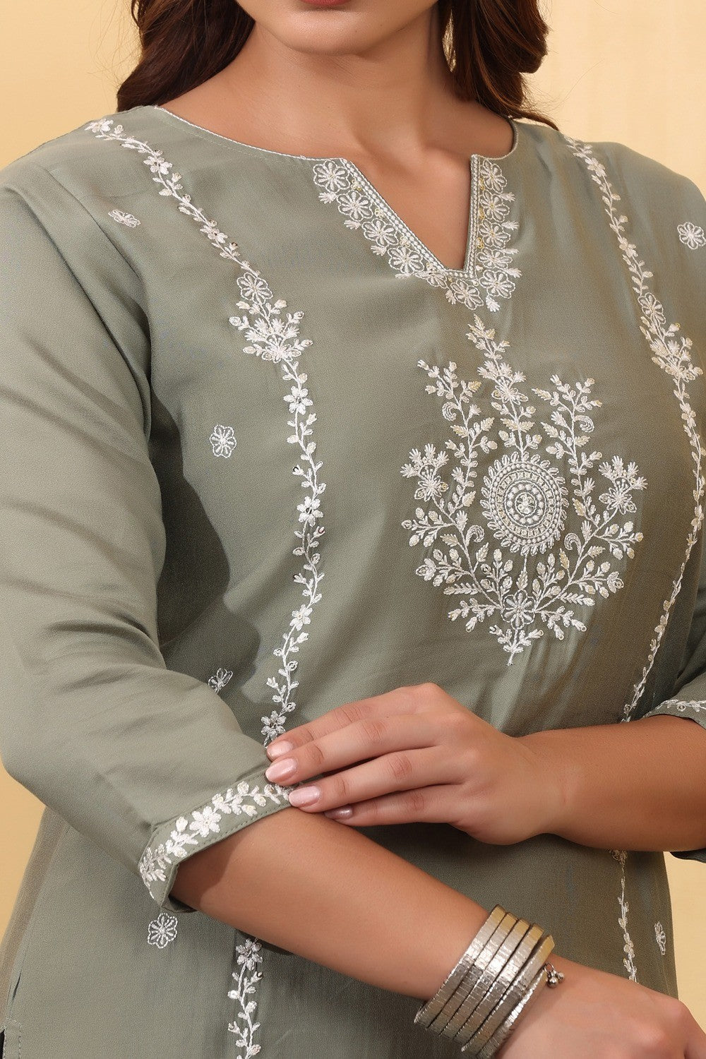 Sage Green Embroidered Co-Ord Set for Women HSDAACSTP000007